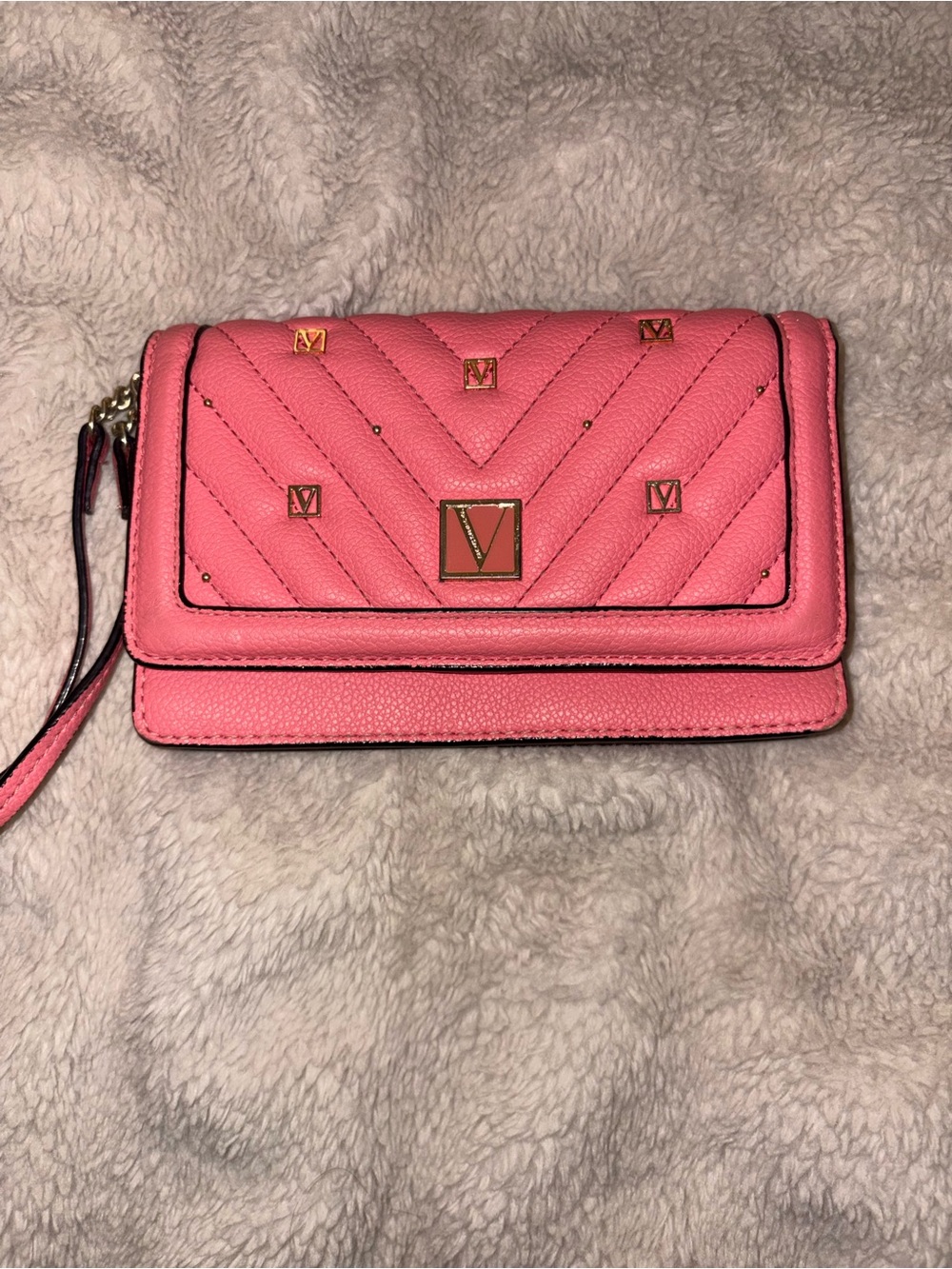 Victoria's Secret Coral Pink Quilted Wristlet Clutch with Gold V Accents